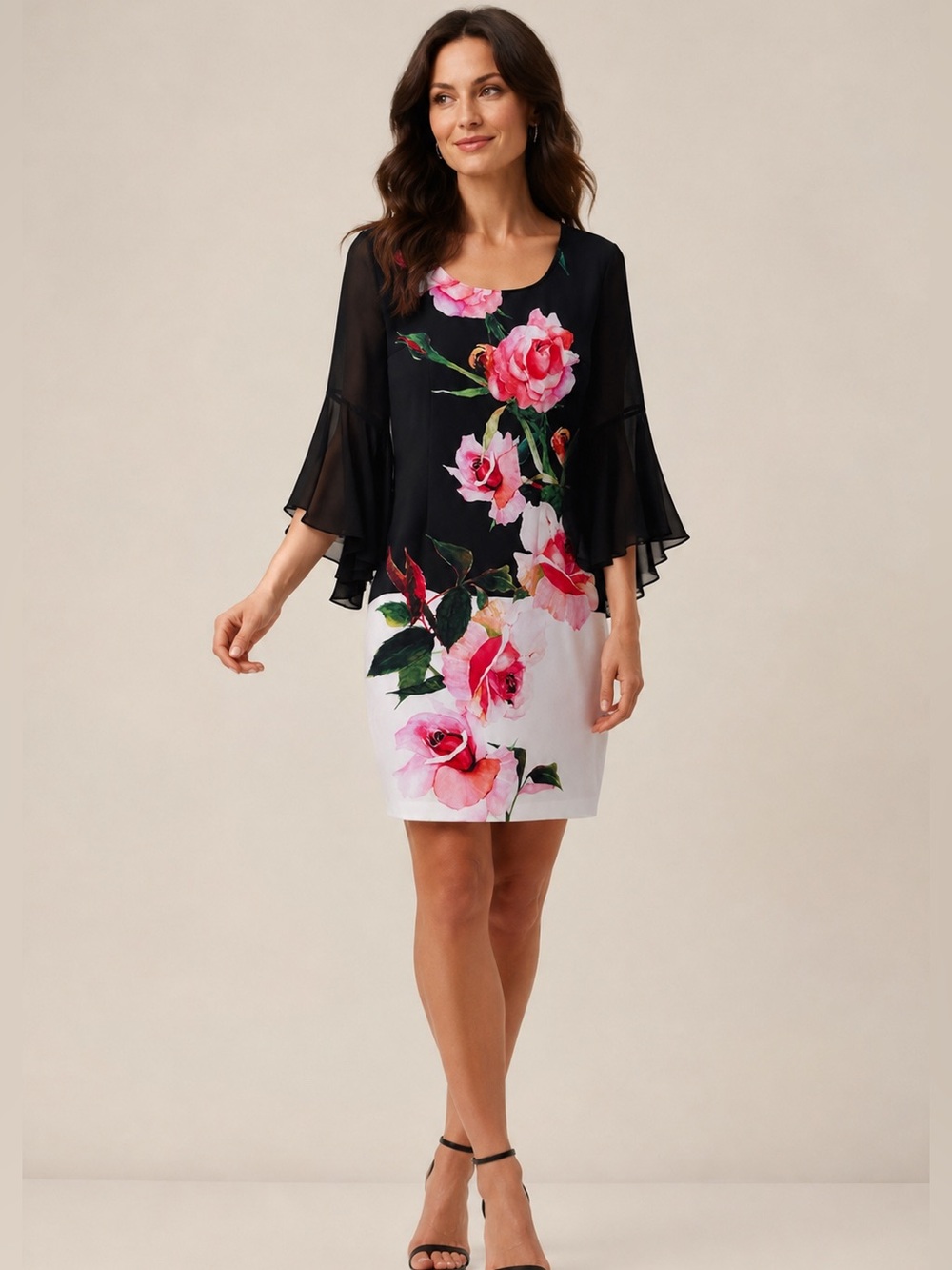 Joseph Ribkoff Rose Floral Bell Sleeve Shift Dress Size 12